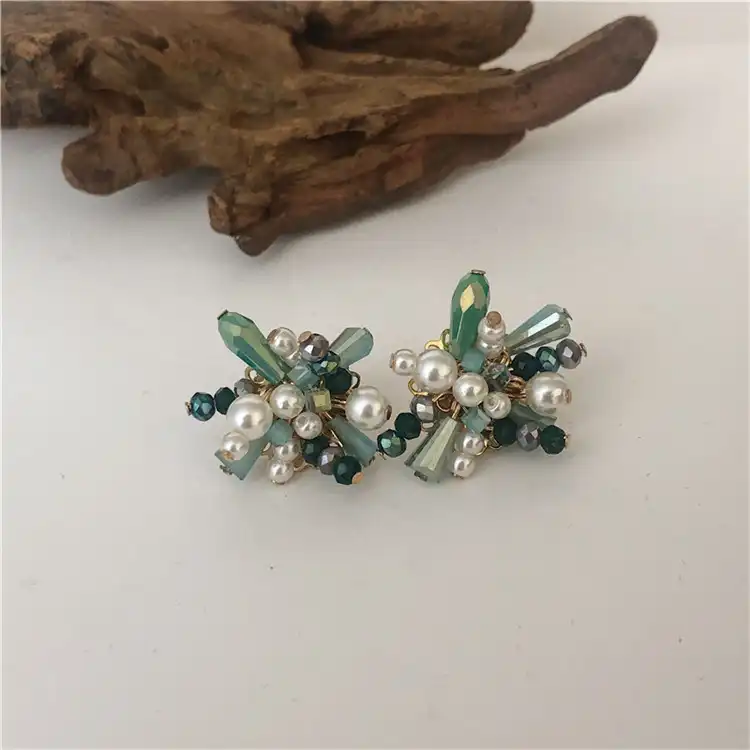 Korean Crystal Malachite Green Handmade Pearl Flower Silver Needle Stud Earrings