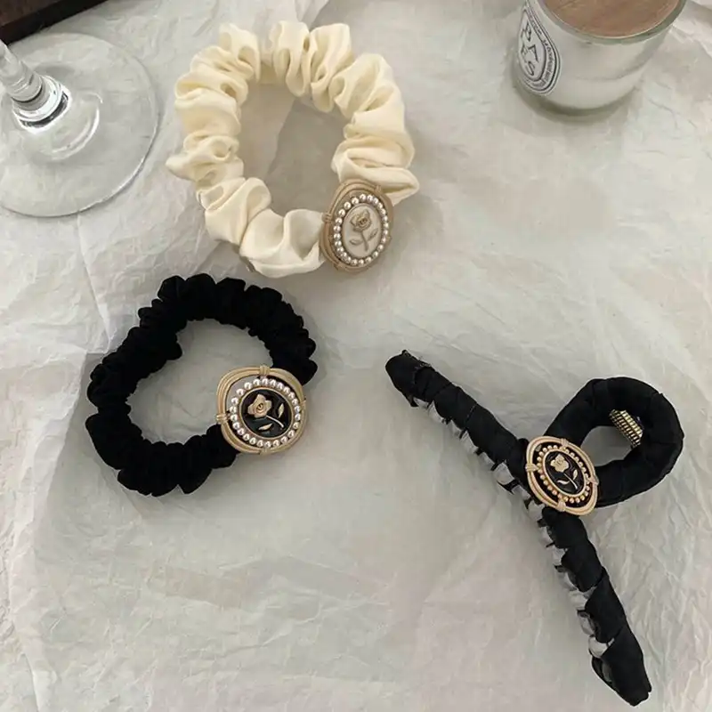 French retro satin rose hair ring clip hair accessories Korean pearl simple head rope 3pcs/set