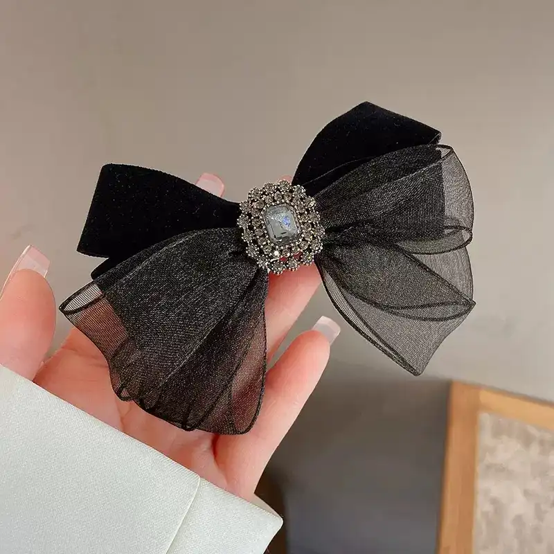 Rhinestone Bow Mesh Hair Clip Spring Clip Headwear