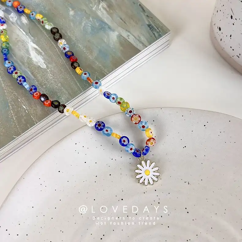 Colorful Beaded Glass Floret Daisy Necklace Candy Color Accessories