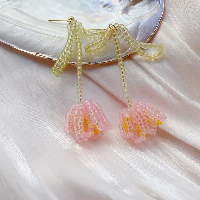 Macaron Tulip Flower Beaded Stud Earrings Korean Style Earrings