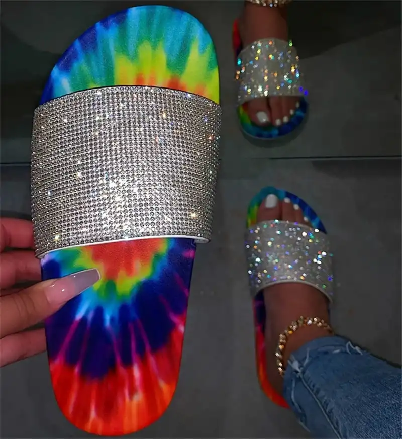 Slippers new flat bottom rhinestone color beach shoes plus size 44