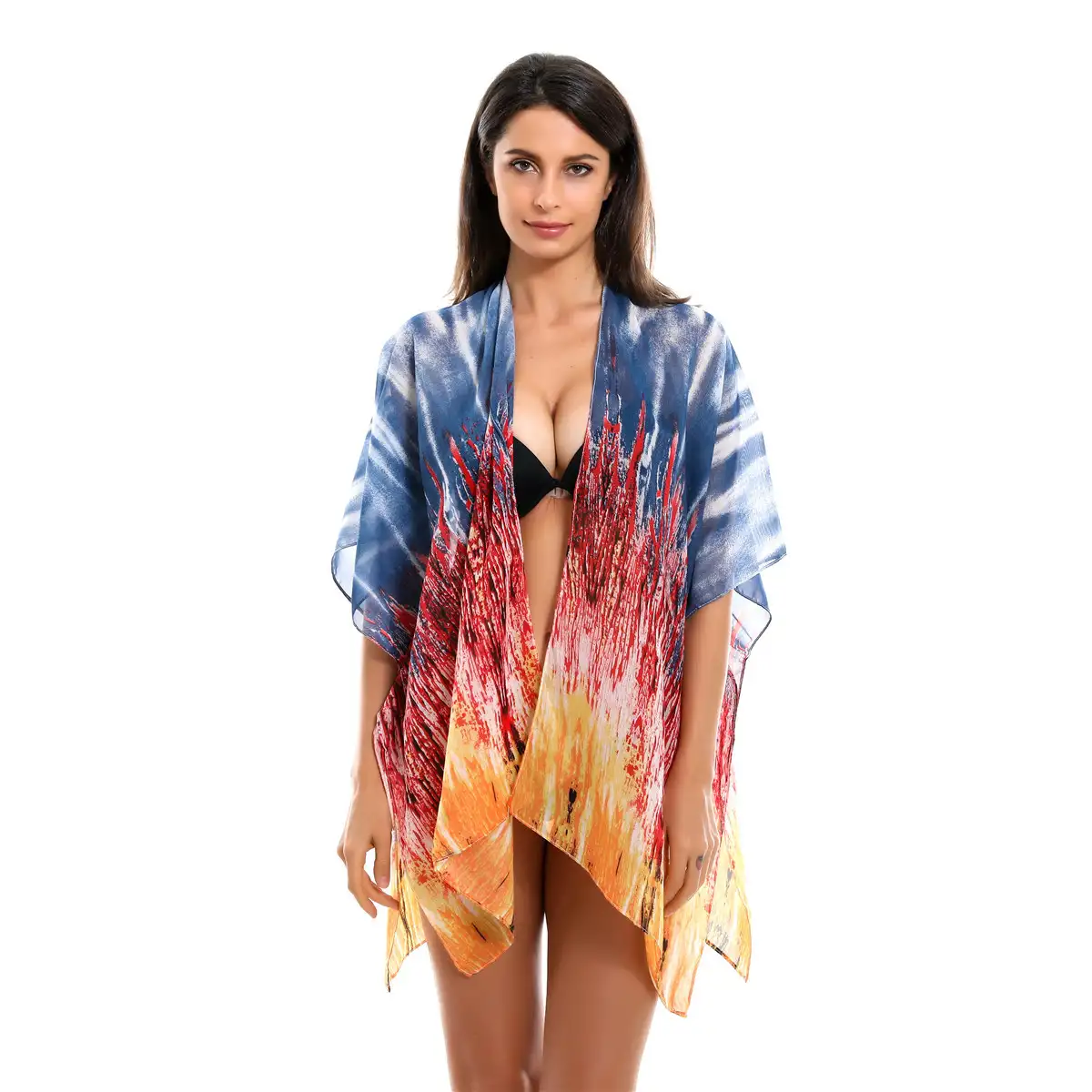 Spring and summer contrast color gradient pattern chiffon sunscreen kimono cardigan bikini blouse