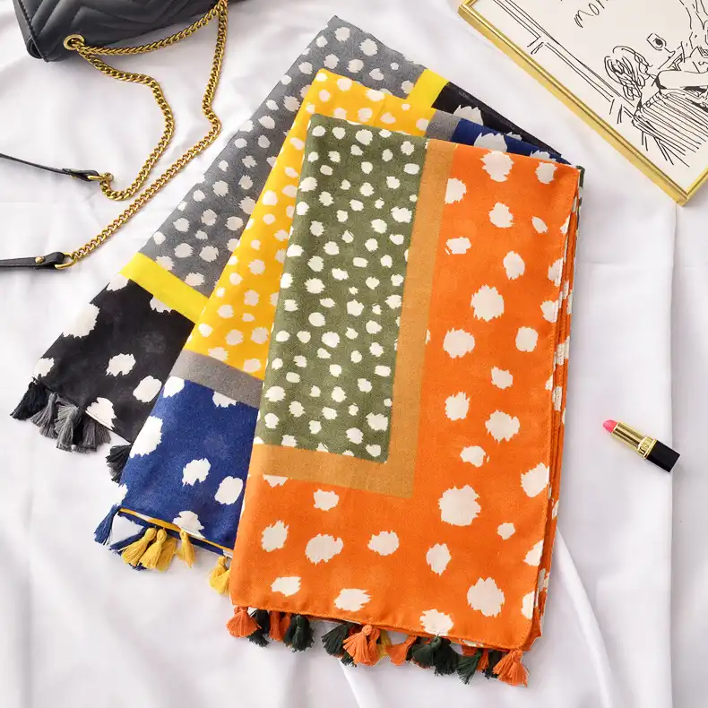 Japan and South Korea hit color wave dot twill cotton scarf cotton and linen feel tassel shawl scarf