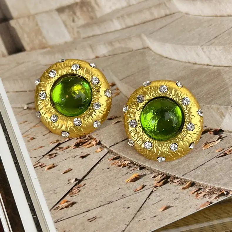 vintage baroque round emerald glass stud earrings