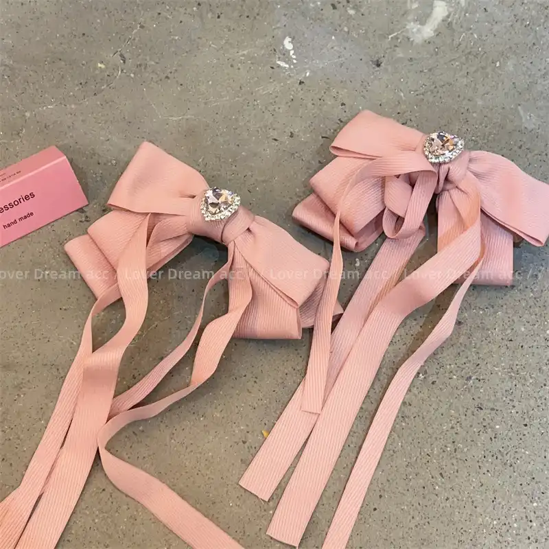 Korean version of pink fabric bow tassel love rhinestone spring clip hair clip
