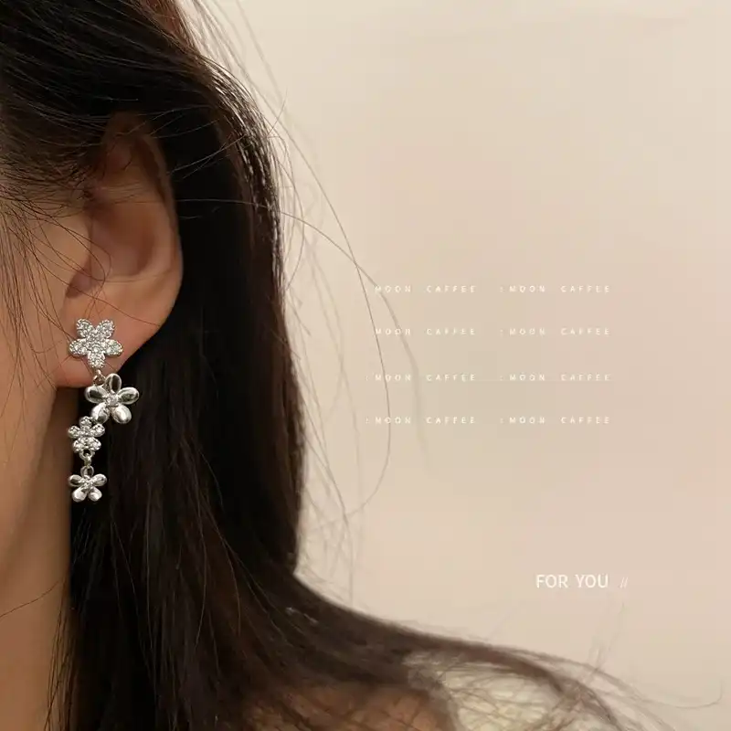 925 Silver Zircon Flower Tassel Earrings