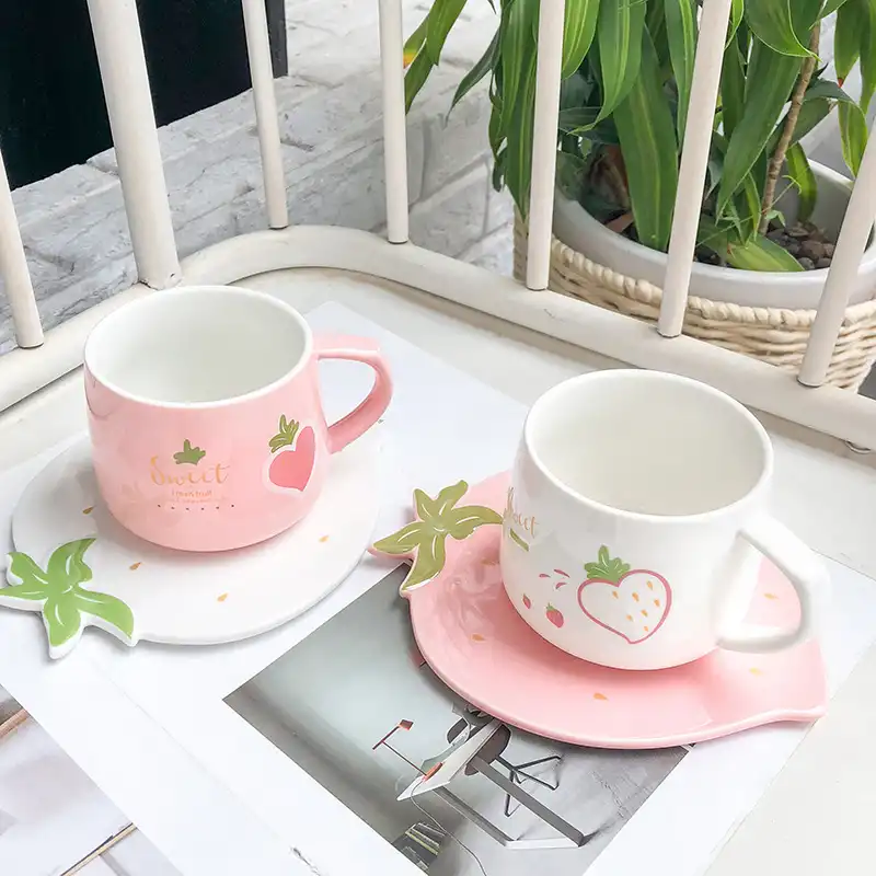 Strawberry ceramic coffee cup and saucer with tray