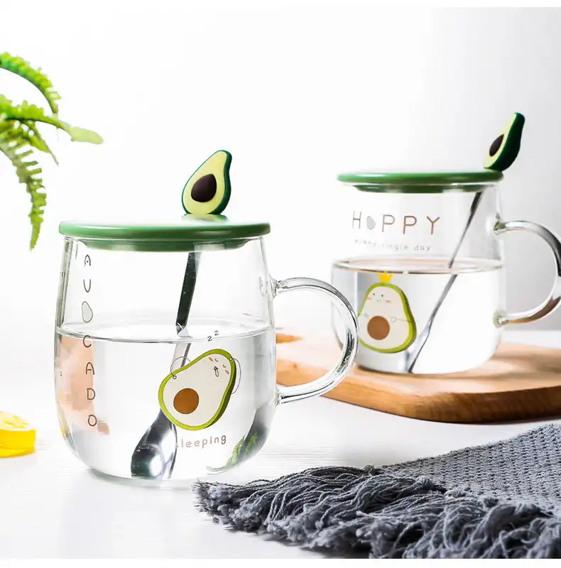 Avocado glass transparent mug with lid spoon handle