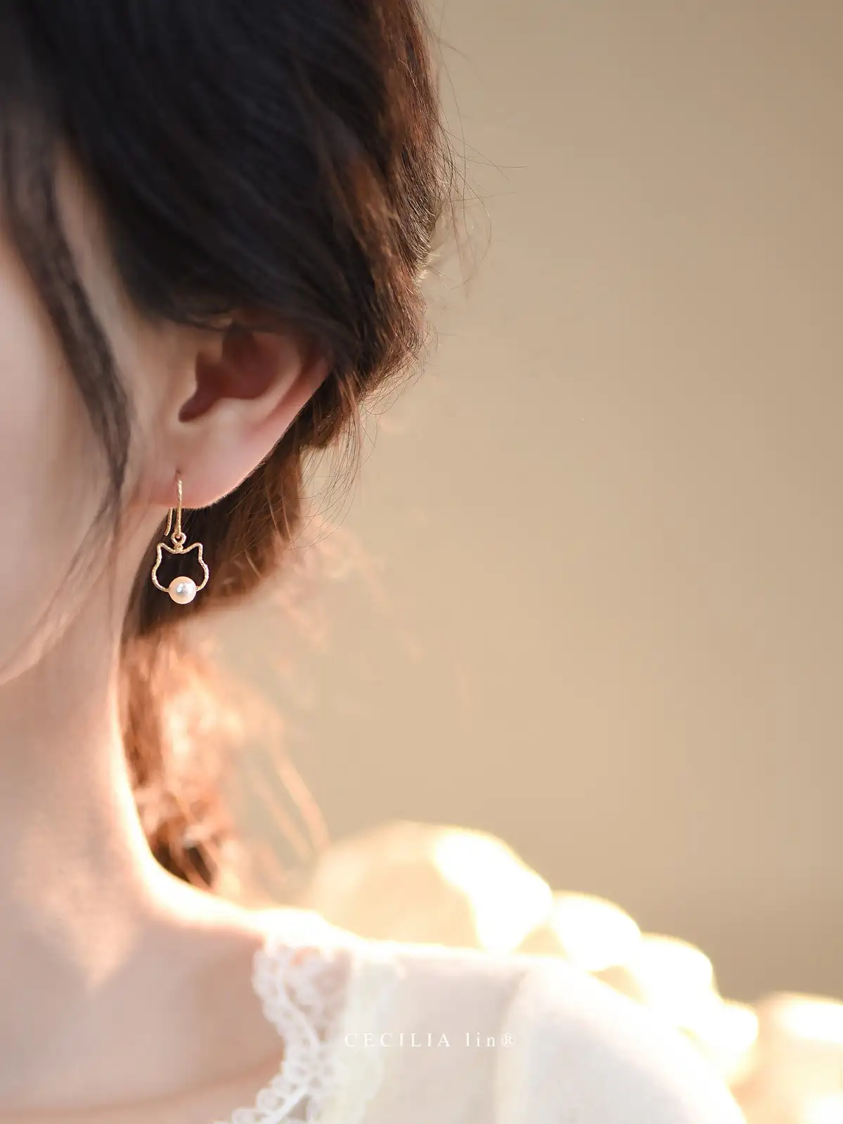 Cat pearl earrings French earrings without pierced ear clips