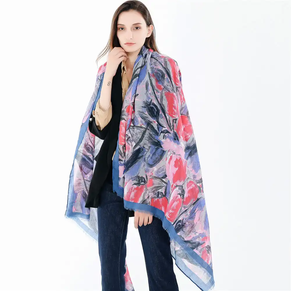 European and American style fashion autumn and winter sketch style flower pattern soft tassel long scarf