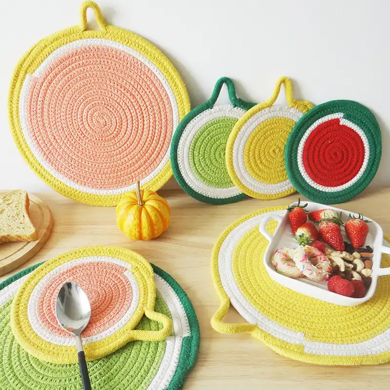 Home kitchen dining table fruit series round cotton rope woven placemat