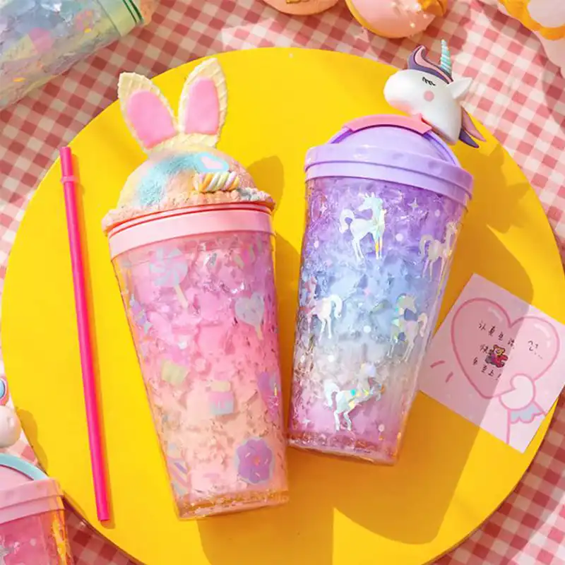 Creative ice cup rabbit straw cup cute double iced crushed ice plastic water cup