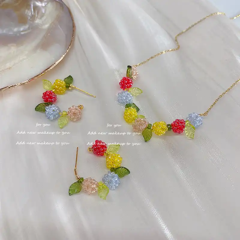 Original Pastoral Color Ball Garland Beaded Stud Earrings Necklace Set Clavicle Chain Set