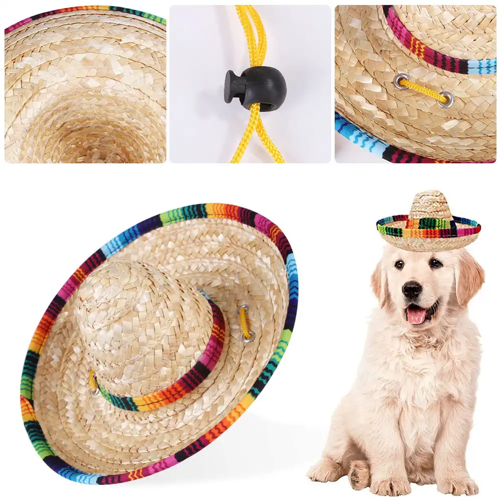 Pet Woven Straw Hat Mexican Style Hat Shade Adjustable Hat