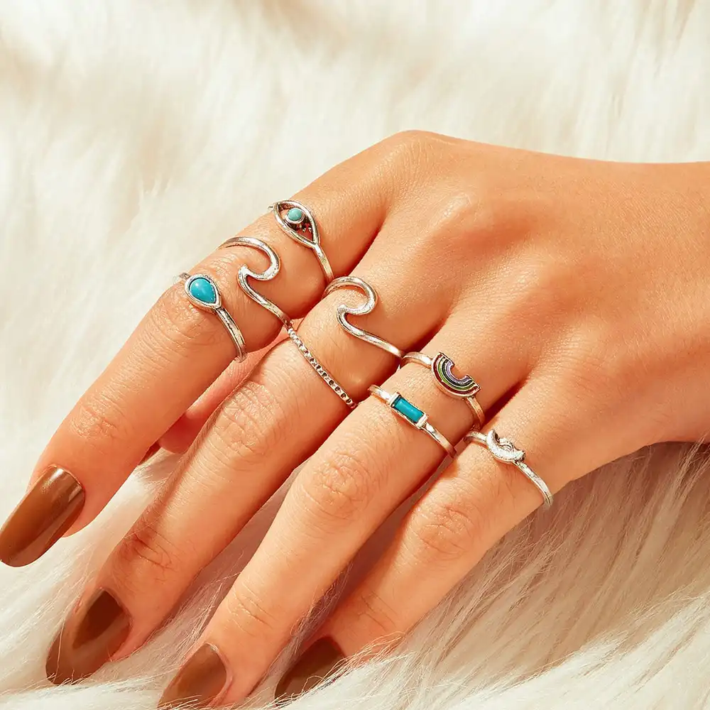 Wave Rainbow Eye Ring 8 Piece Set