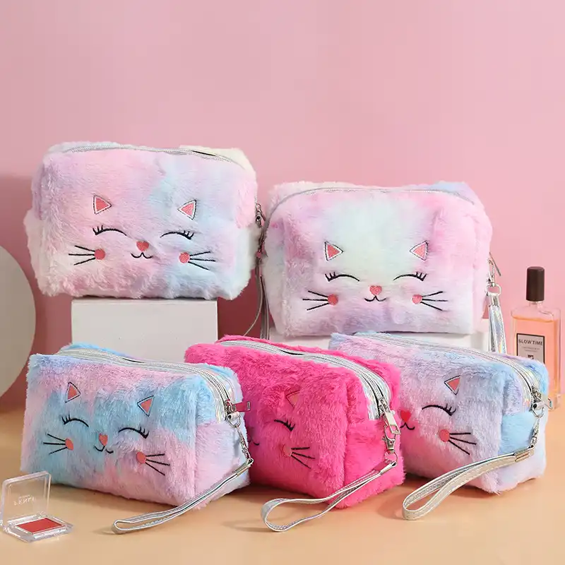 Colorful fluffy cat cosmetic bag soft cute zipper bag