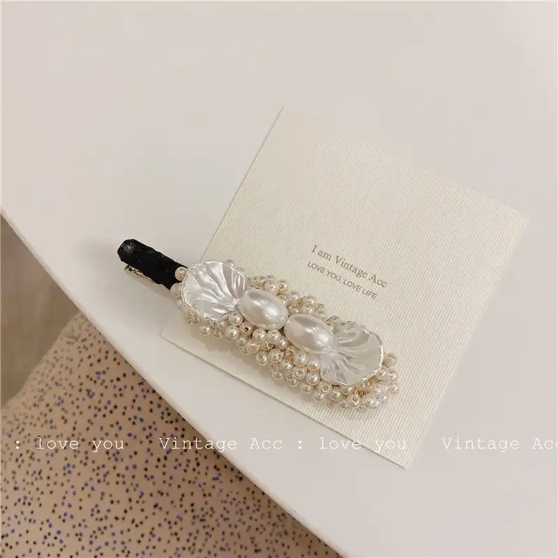 Korean retro geometric pearl duckbill clip shell hairpin beaded duckbill clip