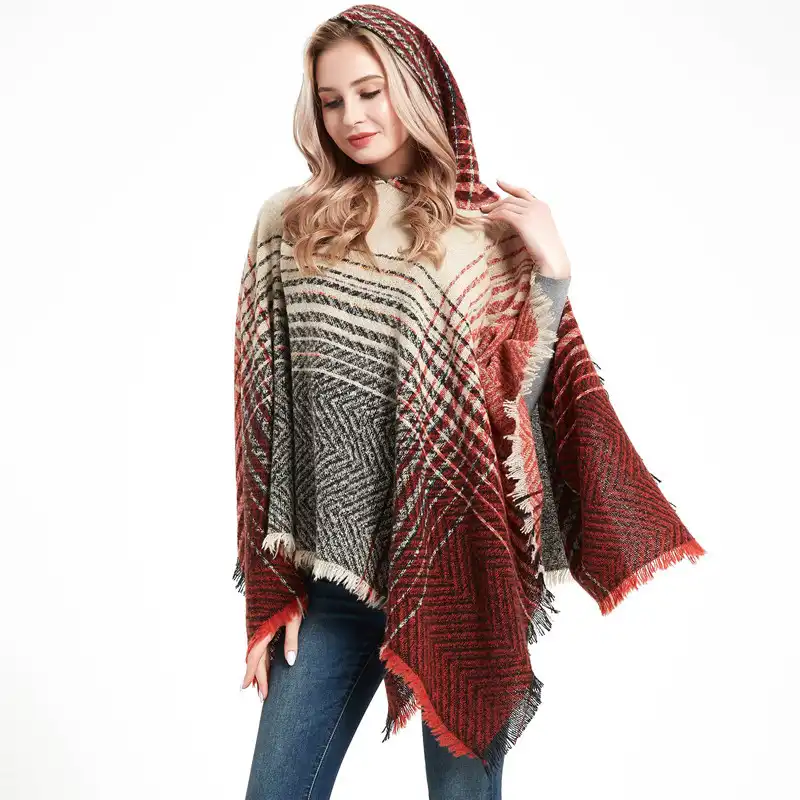 Spring and Autumn Polyester Bristle Herringbone Gradient Hooded Cloak Lady Pullover Shawl