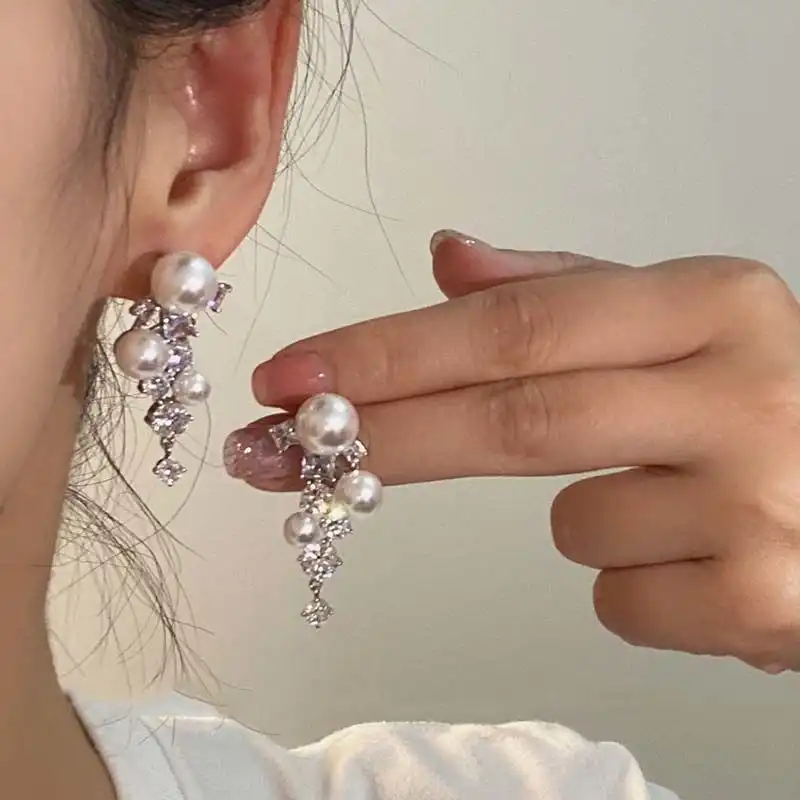 Pearl diamond heavy industry earrings blingbling temperament earrings