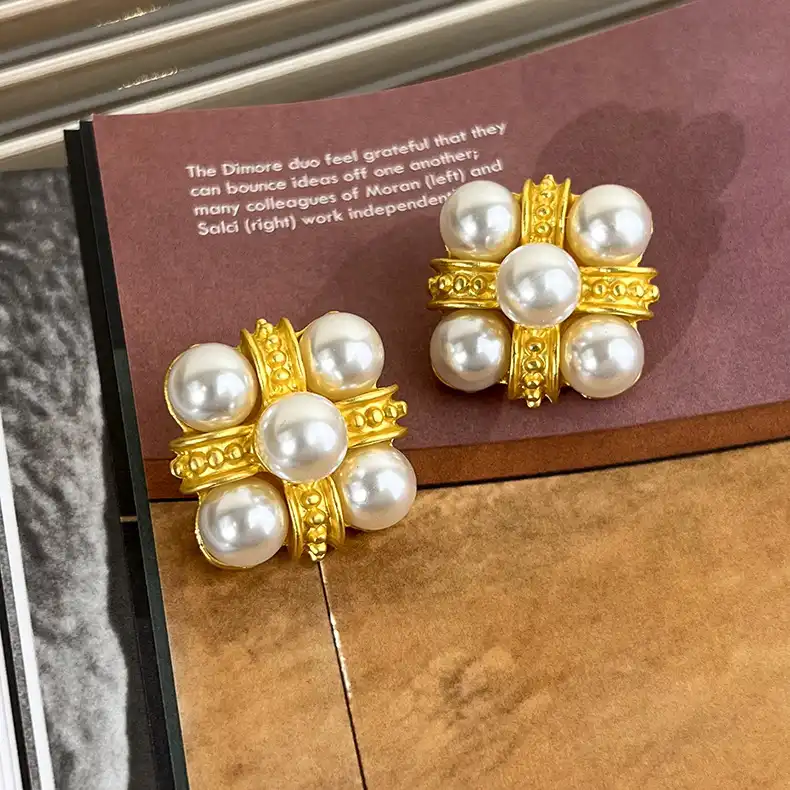 Baroque Style Pearl Earrings Antique Gold Metal Studs