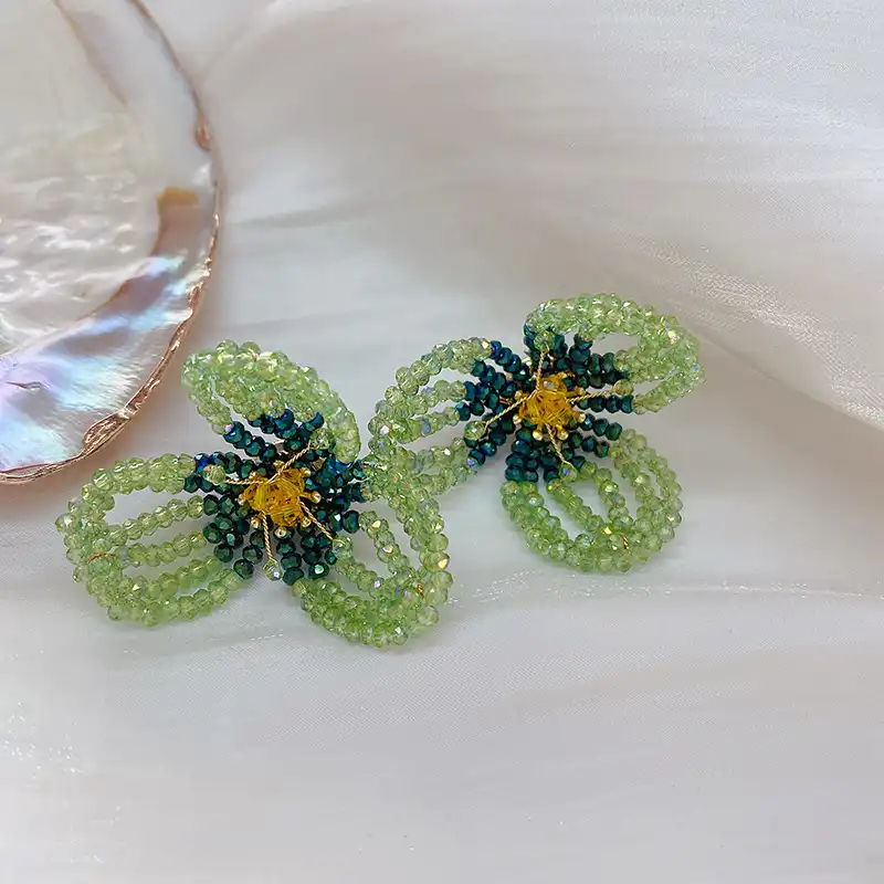 Heavy Industry Crystal Beaded Woven Clover Stud Earrings Handmade Trendy Earrings