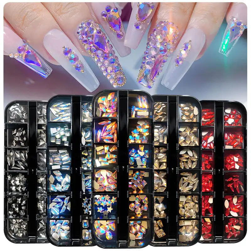 Nail Art Diamonds 12 Grid Set Boxed Flat Bottom Shaped Diamonds Colored Glass Diamonds