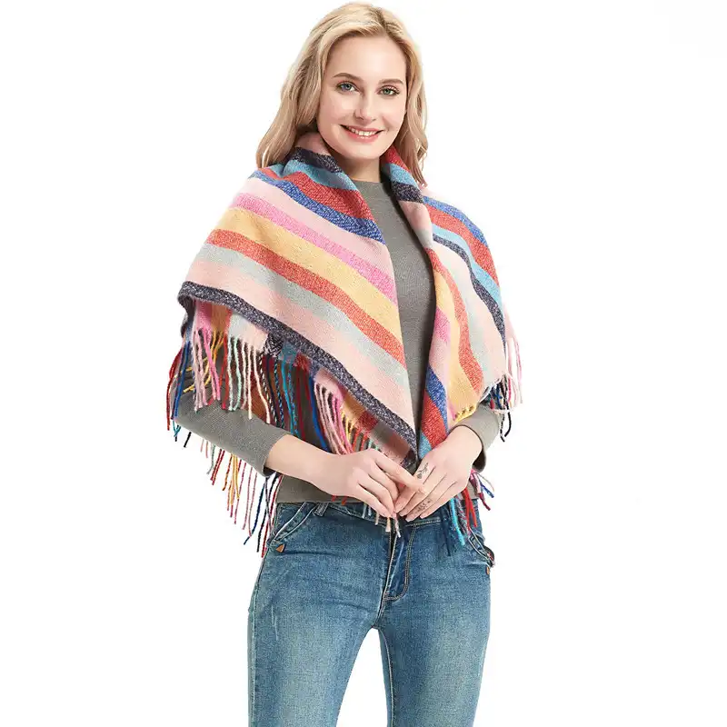 The new circle yarn stripe lattice all polyester long tassel bristle scarf shawl