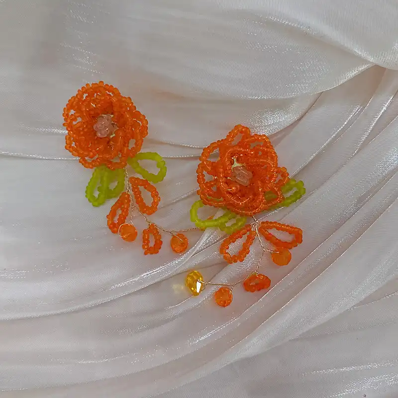 ins beaded handmade rose flower earrings tassel earrings