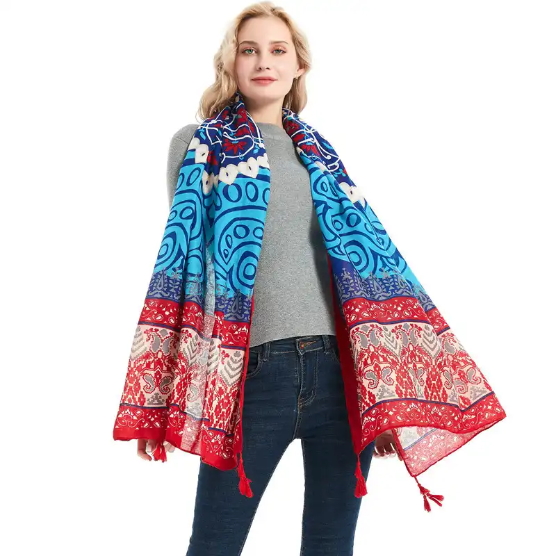 Spring and summer cotton and linen blue geometric large print thin scarf women shading shawl cloak