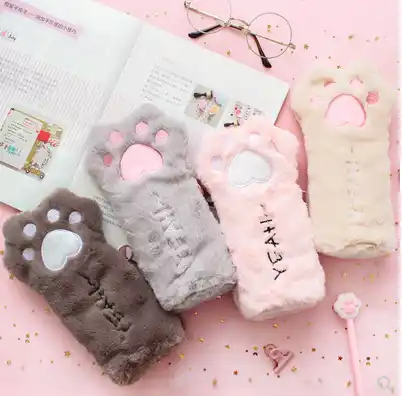 Cat paw pencil case student stationery bag pencil case cute plush cat paw bag