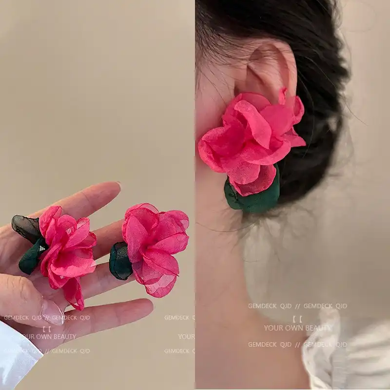 Fabric Flower Stud Earrings Women's French Pastoral Romantic Earrings