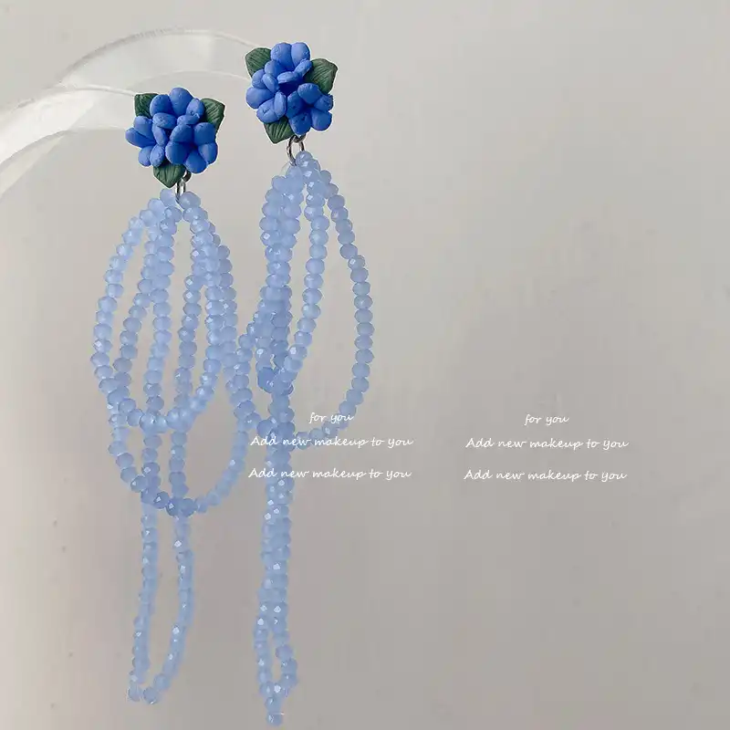 Original Blue Flower Beaded Stud Earrings Tassel Ear Jewelry Wholesale