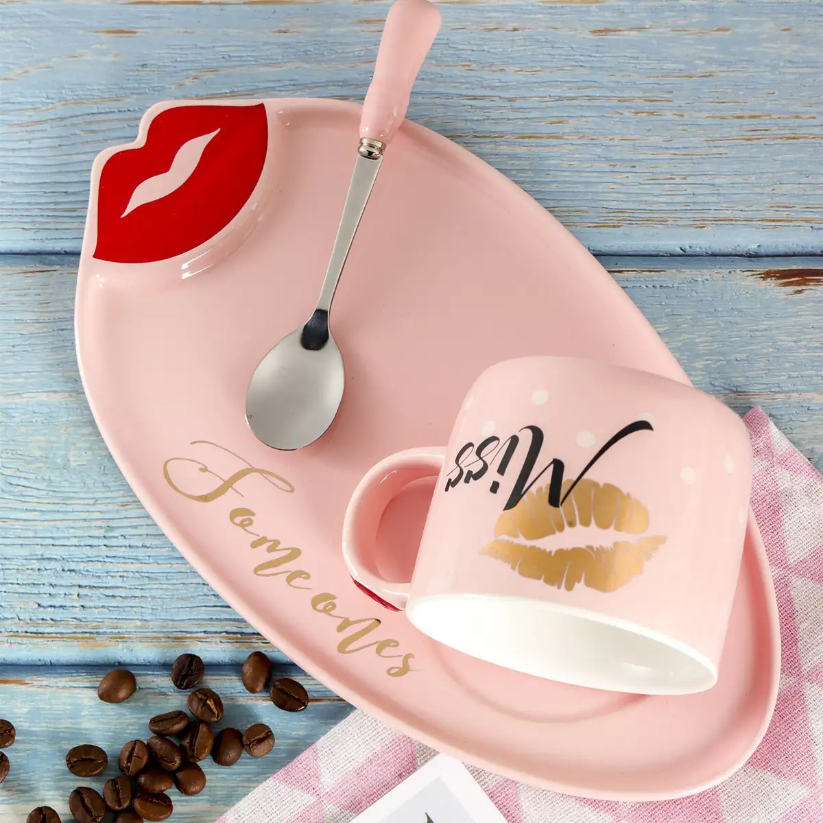 Red Lips Ceramic Coffee Cup Plate Set