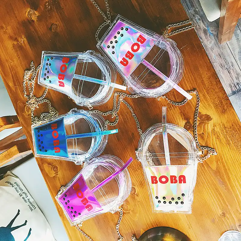 Creative straw coke bottle bag laser contrast color transparent jelly beach leisure bag