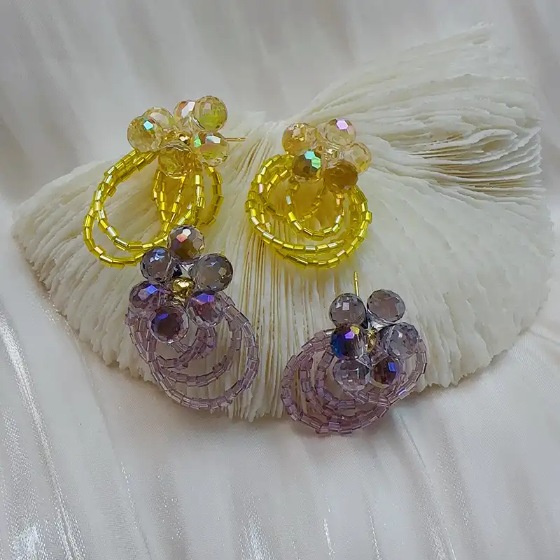 Original Amethyst Ring Stud Brilliant Flower Beaded Earrings