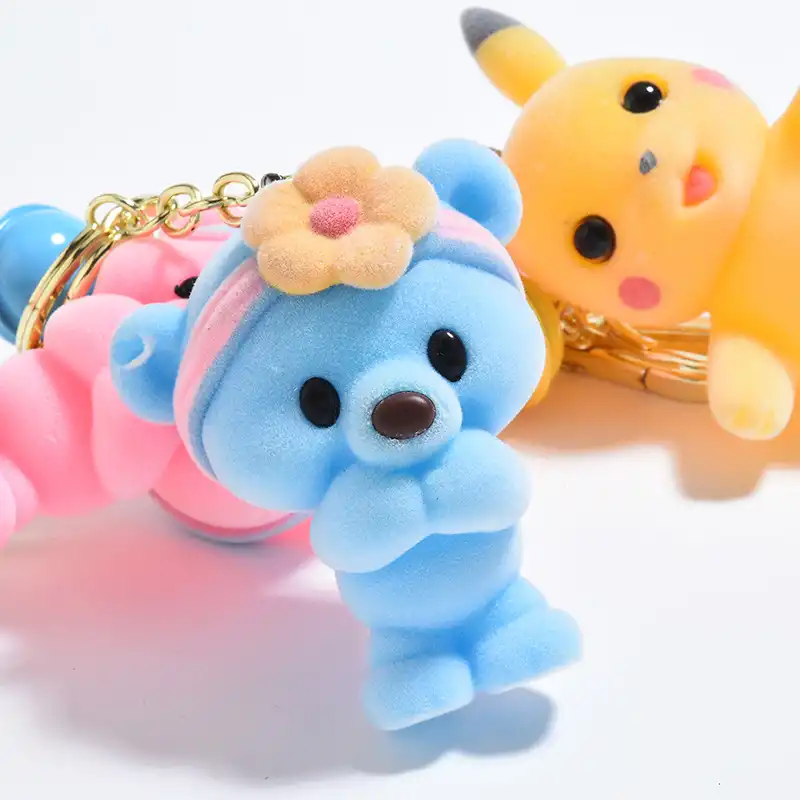 Cartoon flocking bear figurine keychain