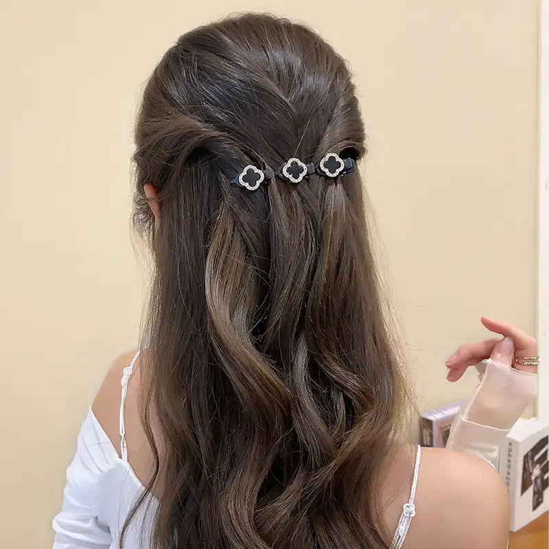 Rhinestone four-leaf clover braided hair clip hair accessories 2pcs/set