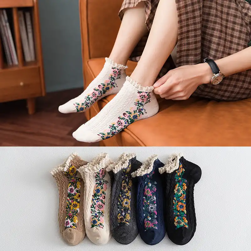 Rose-shaped curling socks ethnic style retro small floral hemp pattern socks