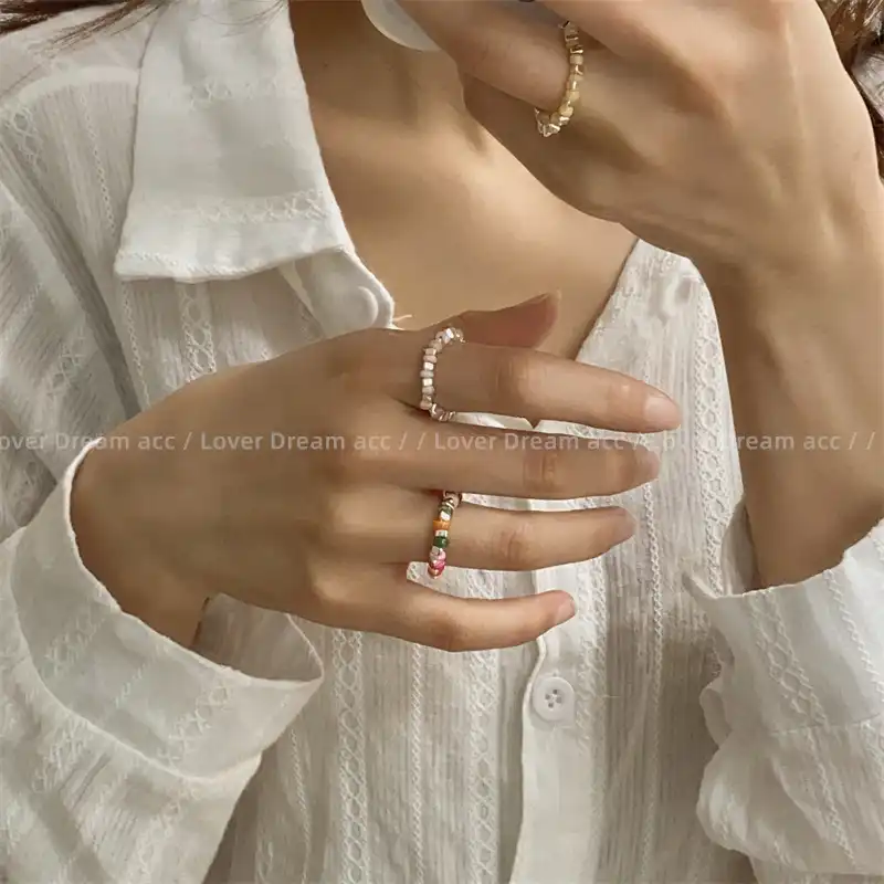 Korean style geometric metal candy color beaded ring one size ring jewelry