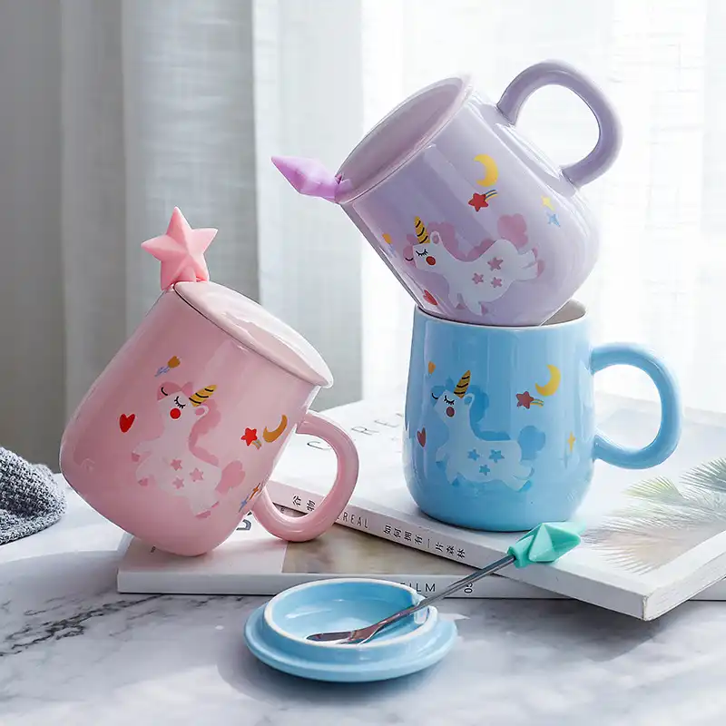 Unicorn cartoon ceramic cup with lid and spoon