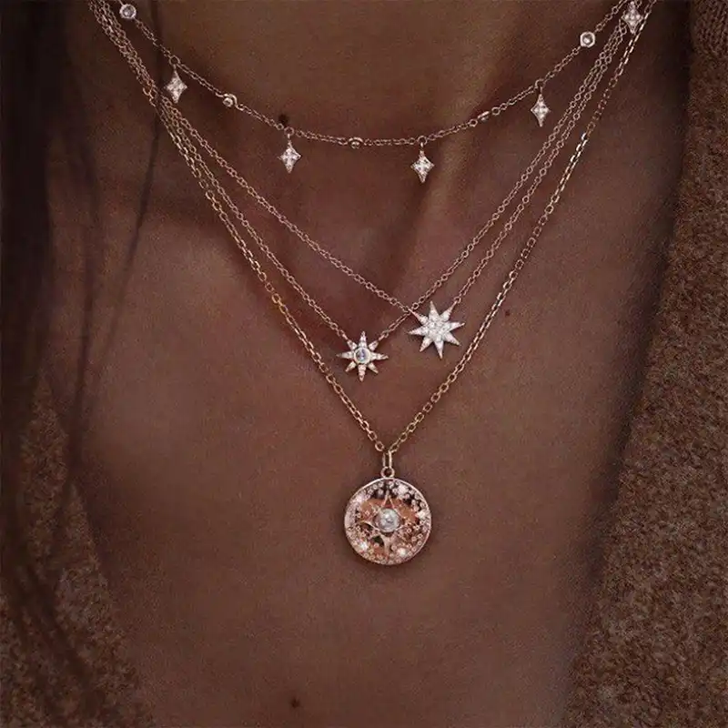 Simple Star Moon Pearl Multi Layer Necklace