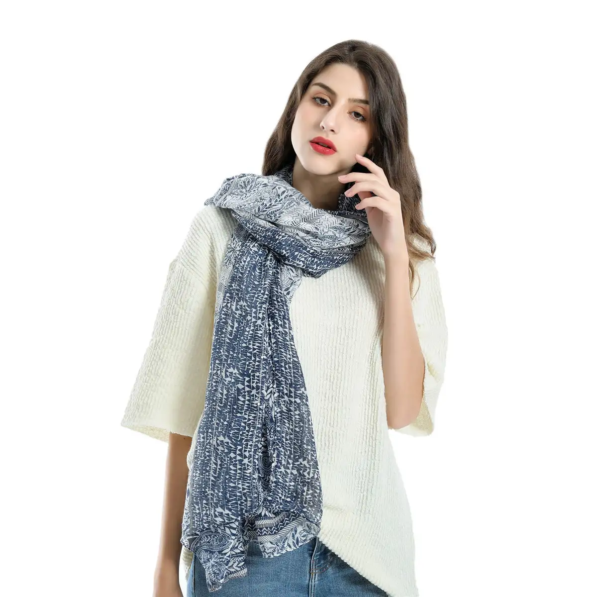 Geometric flower pattern sequined cotton and linen fresh fashion scarf