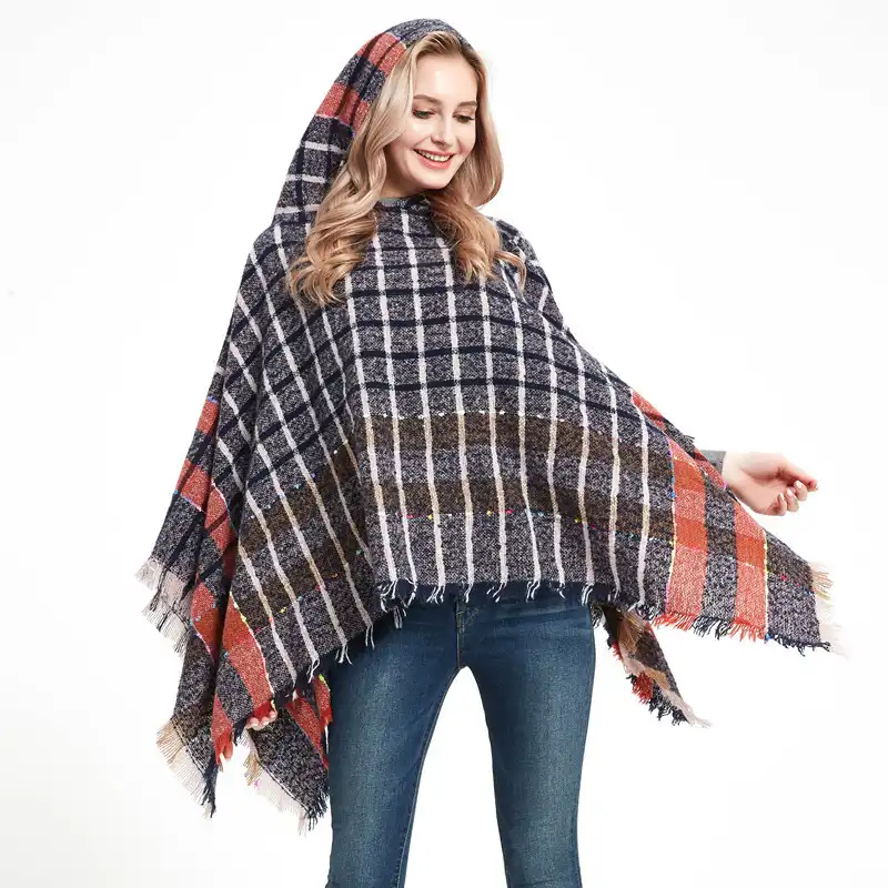 Autumn and winter circle yarn bristle plaid hooded hood cape