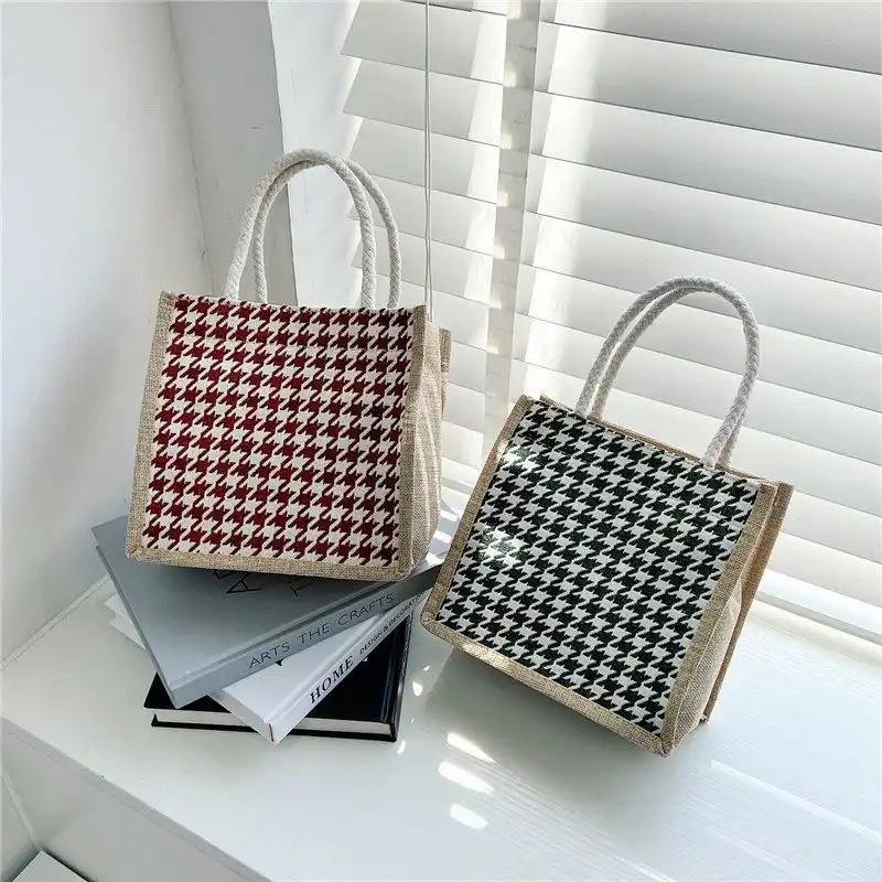 Houndstooth cotton-linen canvas bag