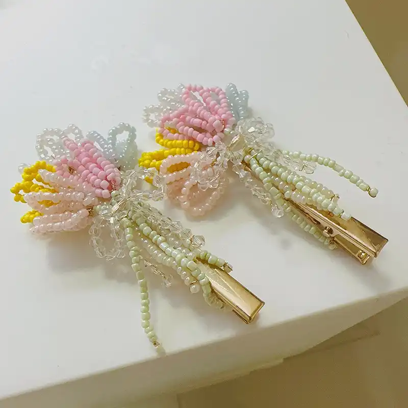 Macarons Contrasting Color Tulip Bouquet Hair Clips Hand-woven Crystal Bow Side Clips