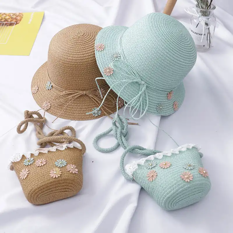 Children straw hat parent-child cute little satchel suit girl fisherman basin hat big brim sun hat