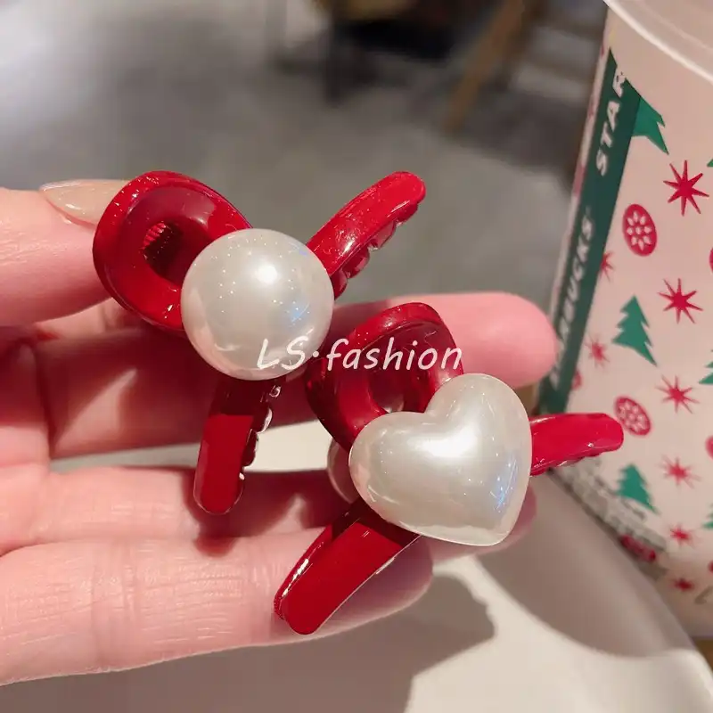 Red small clip love pearl bangs clip shark clip hair accessories