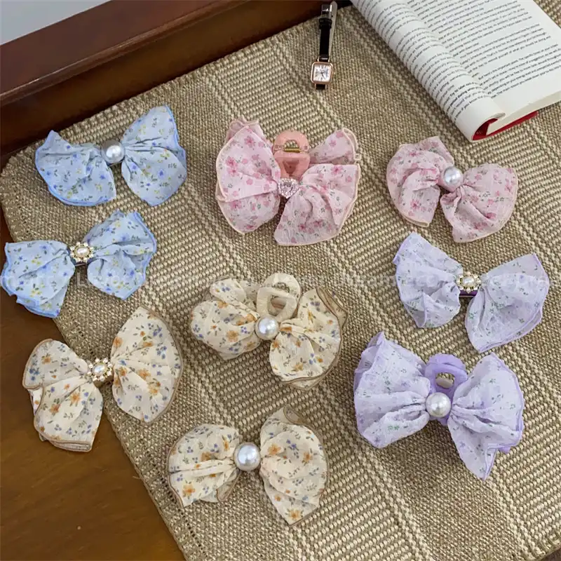 Korean version floral bowknot fabric spring clip hair clip pearl hair accessories