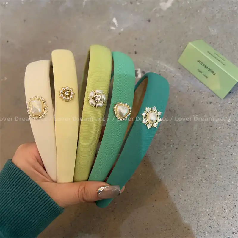 Korean version love rhinestone flower pearl green fabric headband hair accessories
